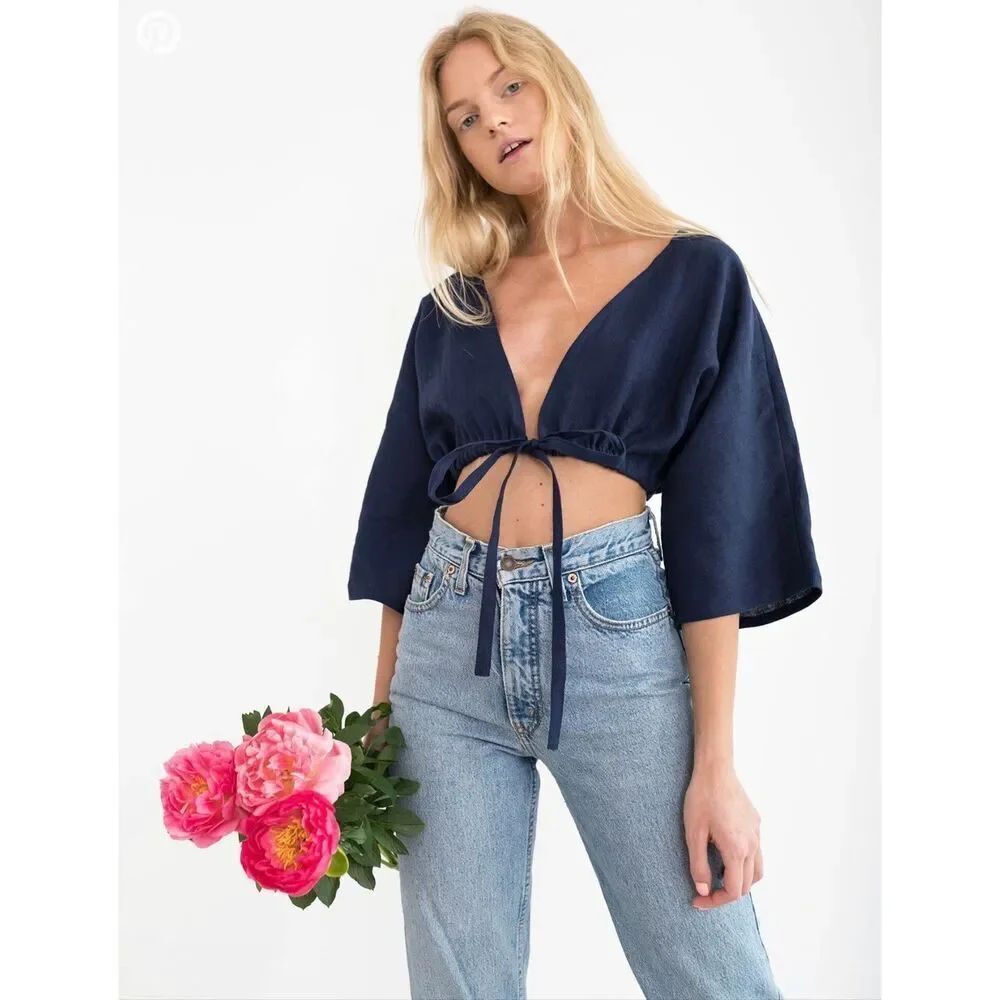 Love and Confuse MELLISA Linen Tie Front Crop Top size Medium